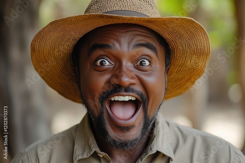 A joyful man in a straw hat expresses excitement outdoors.