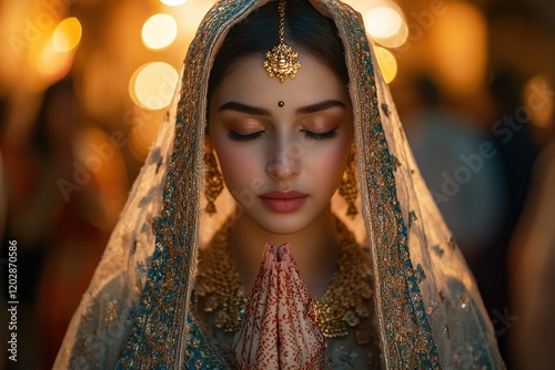 A serene woman in traditional attire, praying with folded hands, exuding grace and spirituality.
