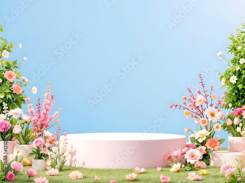 3D product display podium with Beautiful spring flower, Nature cosmetic field scene photo