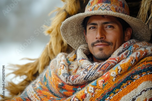 A man wrapped in a colorful blanket, wearing a traditional hat, gazes thoughtfully.