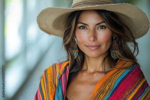 A woman with a hat and colorful shawl poses for a portrait, exuding confidence and warmth.