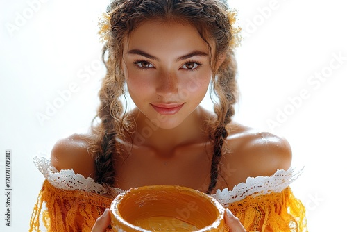 A young woman in a yellow dress holds a bowl, radiating warmth and joy.