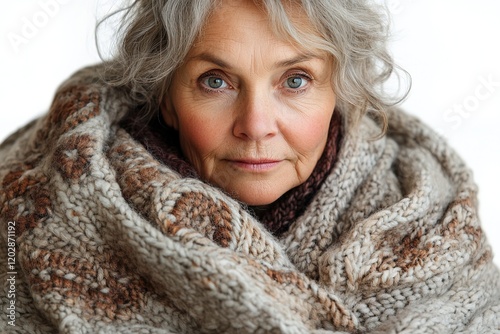 A close-up portrait of a woman wrapped in a cozy, textured shawl, exuding warmth and wisdom.