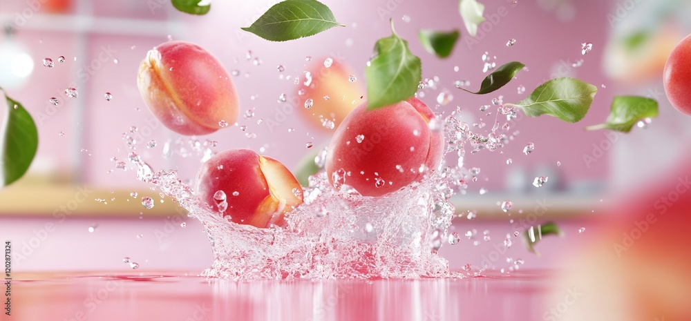 Juicy peaches splashing in water, kitchen background. Food, drink, healthy Juicy peaches splashing in water, kitchen background. Food, drink, healthy