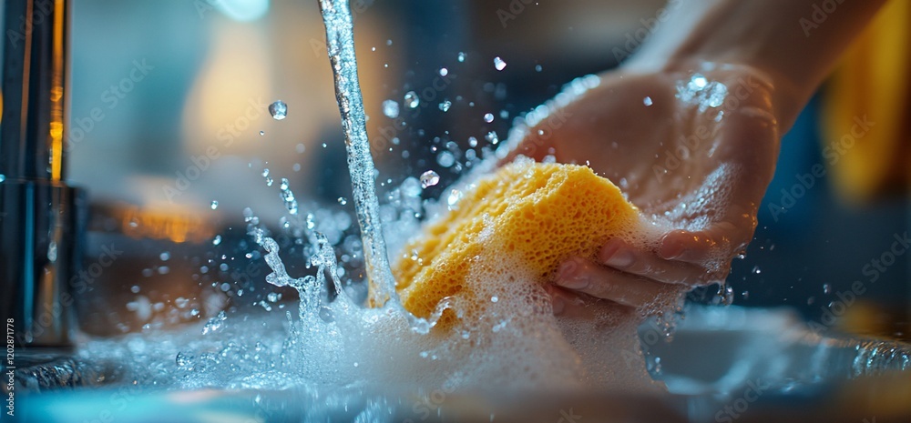 Fototapeta premium Hands rinsing yellow sponge under kitchen tap