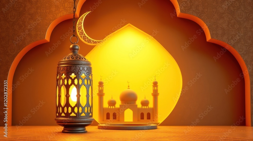 A 3D rendered Islamic Ramadan background with a warm golden glow.Arabic lantern, a metallic moon, and a mosque portal. Modern style with a luxurious 