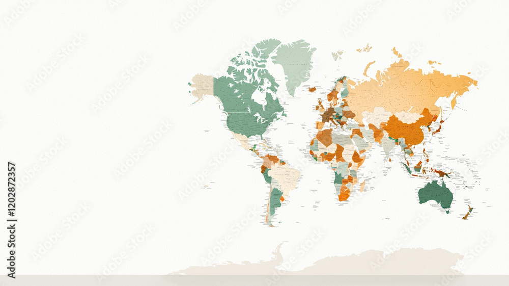 Obraz premium Detailed world map with countries in bright contrast colors, showcasing geographical diversity and global representation