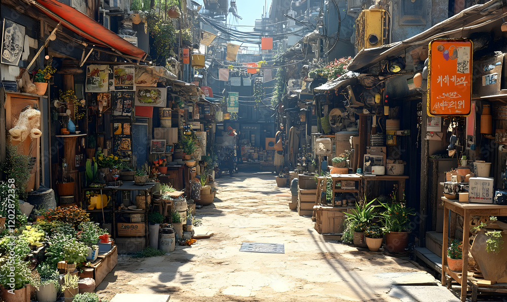 Sunlit Asian alleyway market; cluttered shops, plants Sunlit Asian alleyway market; cluttered shops, plants