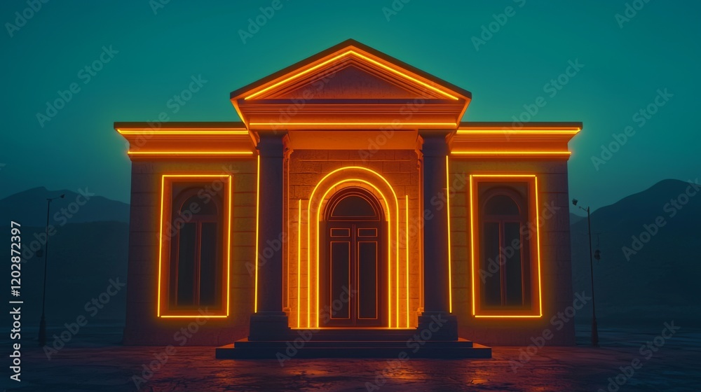 Fototapeta premium Modern architectural structure illuminated with glowing orange neon lights against a dark moody background