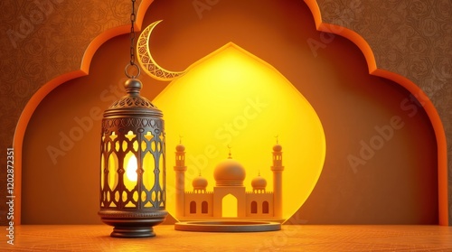 A 3D rendered Islamic Ramadan background with a warm golden glow.Arabic lantern, a metallic moon, and a mosque portal. Modern style with a luxurious 