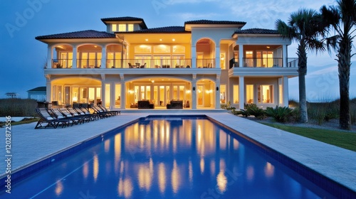 Luxurious beachfront mansion with pool at twilight.  Modern architectural design, illuminated interior, outdoor patio furniture, and sparkling blue pool reflecting the house. photo