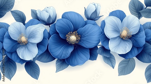 Elegant blue floral arrangement featuring blooming flowers and buds against a soft background