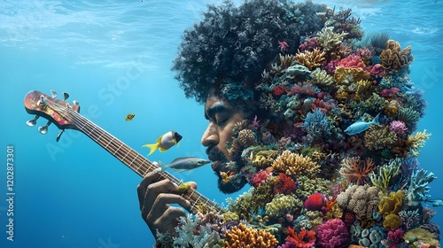 Underwater Musician Man with Afro Playing Bass Guitar Surrounded by Vibrant Coral Reef and Fish