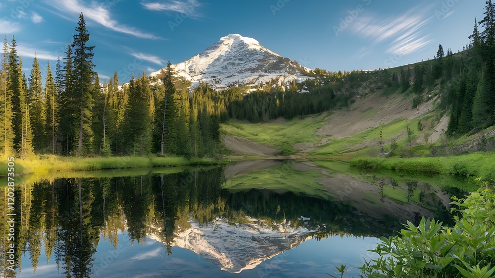 Pristine Alpine Lake with Snow-Capped Mountain and Evergreen Forest