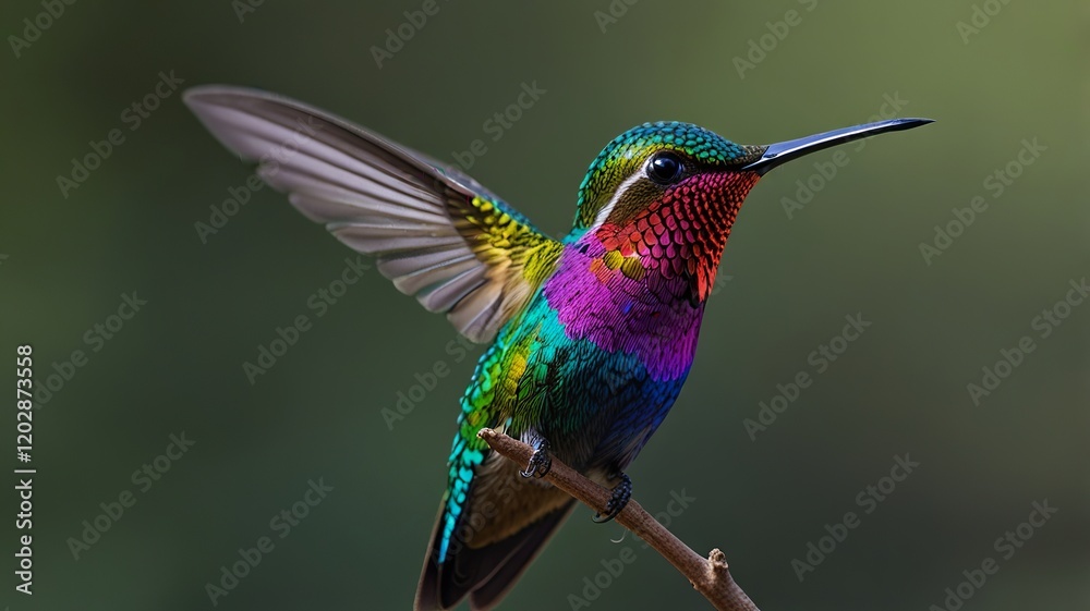 Fototapeta premium A stunning hummingbird with vibrant plumage perched on a branch, displaying an array of colors in the sunlight.