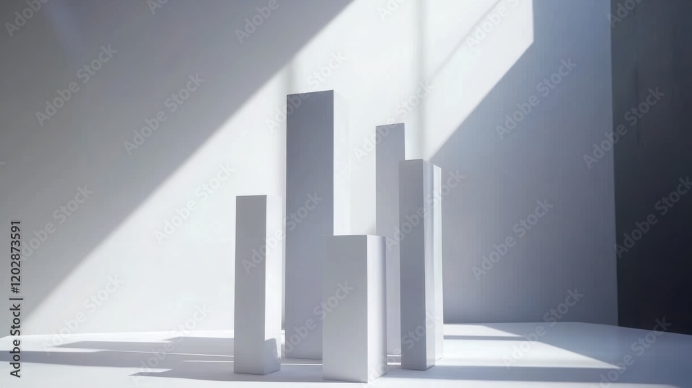 Abstract arrangement of tall white geometric shapes casting shadows in a minimalist space Abstract arrangement of tall white geometric shapes casting shadows in a minimalist space