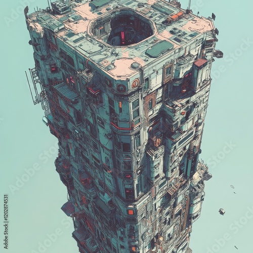 Skyward Metropolis: A towering, intricate cityscape rises towards a pale blue sky, showcasing the architectural wonder and verticality of a futuristic urban landscape. The building’s layered.