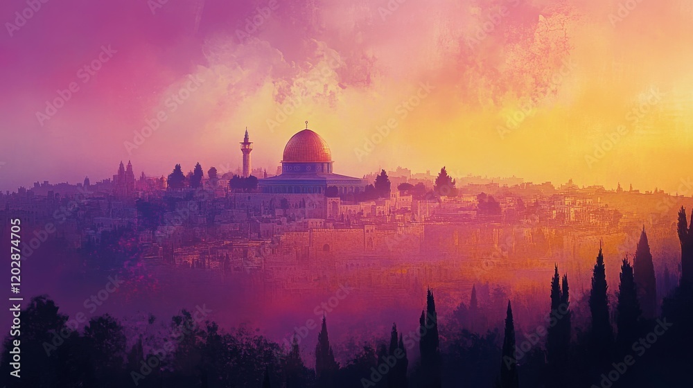 Obraz premium A vibrant sunset over a historic cityscape featuring a prominent dome and minaret.
