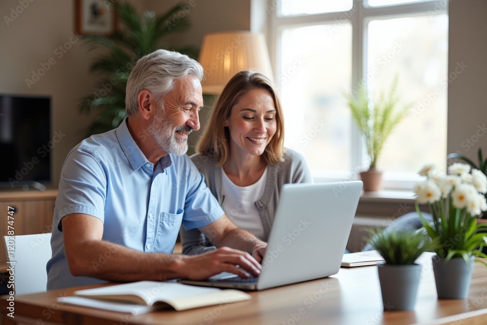 Cheerful Senior Couple Working Together on Laptop in Cozy Home Office with Plants and Natural Light, Engaging in Technology and Communication Cheerful Senior Couple Working Together on Laptop in Cozy Home Office with Plants and Natural Light, Engaging in Technology and Communication