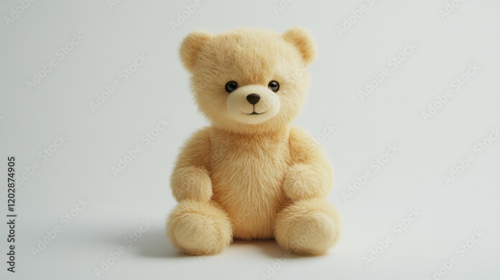 Obraz premium Adorable plush teddy bear sitting against a clean, minimalistic background, evoking warmth and nostalgia