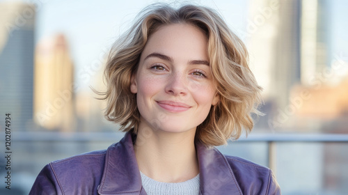 Caucasian woman wearing purple attire standing at Manhattan city skyline Free Download Caucasian woman wearing purple attire standing at Manhattan city skyline - GFXLoad
