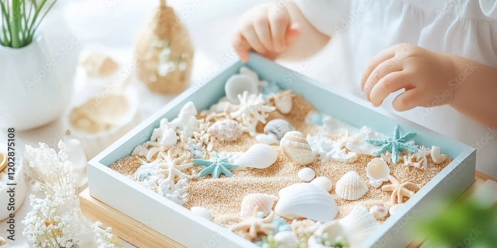 Adorable Toddler Creating a Miniature Beach Scene with Seashells and Sand in a Beautifully Arranged Tray, Capturing Joyful Moments of Childhood Play Adorable Toddler Creating a Miniature Beach Scene with Seashells and Sand in a Beautifully Arranged Tray, Capturing Joyful Moments of Childhood Play