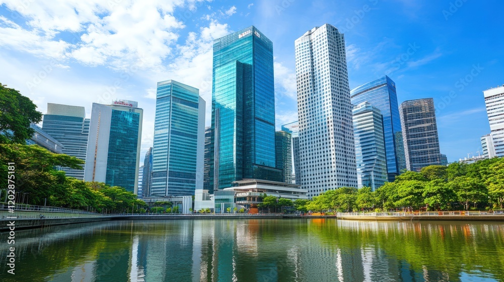 Modern city skyline with skyscrapers reflected in a calm lake, surrounded by lush green trees and blue sky. Modern city skyline with skyscrapers reflected in a calm lake, surrounded by lush green trees and blue sky.