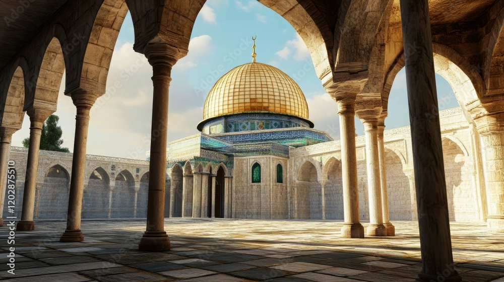 Fototapeta premium A serene view of a historic mosque with a golden dome and intricate architecture.