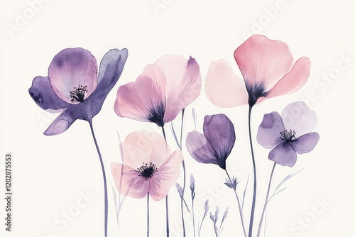 Fototapeta Naklejka Na Ścianę i Meble -  Delicate watercolor flowers in pale pink and lavender shades, arranged in a minimalistic composition.