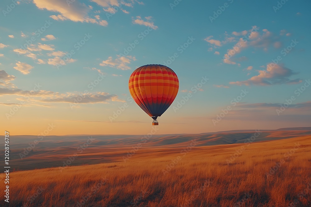 Obraz premium Hot air balloon flight over golden field at sunrise (1)