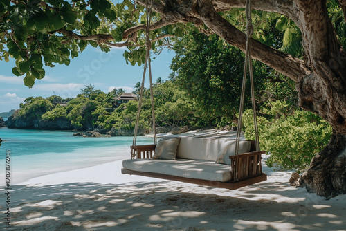 A wooden swing swings gently from the trunk of an ancient tree, overlooking a pristine white sand beach with crystal-clear turquoise water. photo