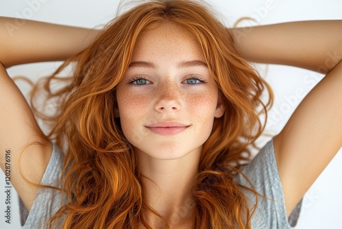 A smiling young woman with red hair poses with her hands behind her head, exuding confidence.