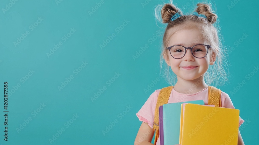 Obraz premium A cheerful girl with glasses holds colorful books against a bright background.