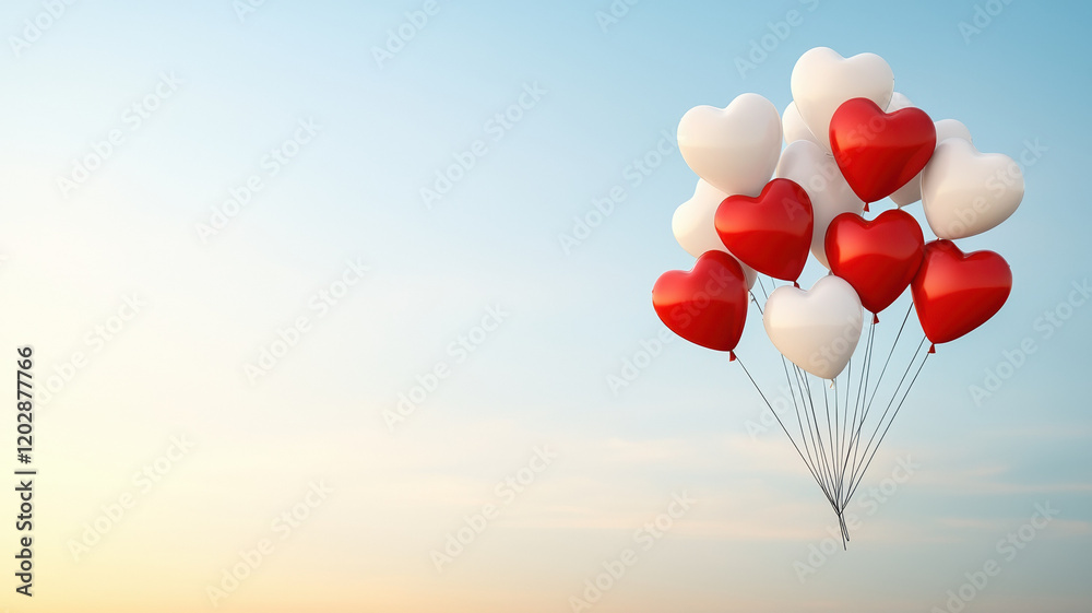 Fototapeta premium Colorful heart shaped balloons floating in sky create joyful atmosphere