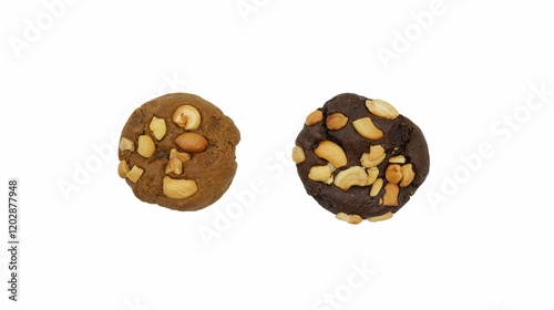 Two cookies sprinkled with nuts on a white background.