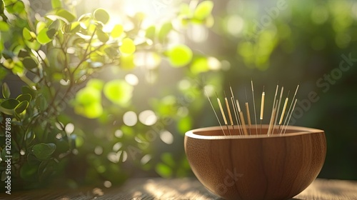 Acupuncture needles in a wooden container on a wooden surface with a soft photo