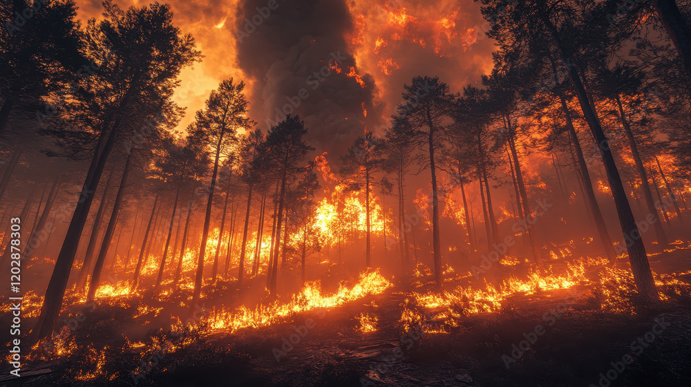 A forest ablaze, tall trees burning in the night, cinematic photography, wide shot, shallow depth of field A forest ablaze, tall trees burning in the night, cinematic photography, wide shot, shallow depth of field