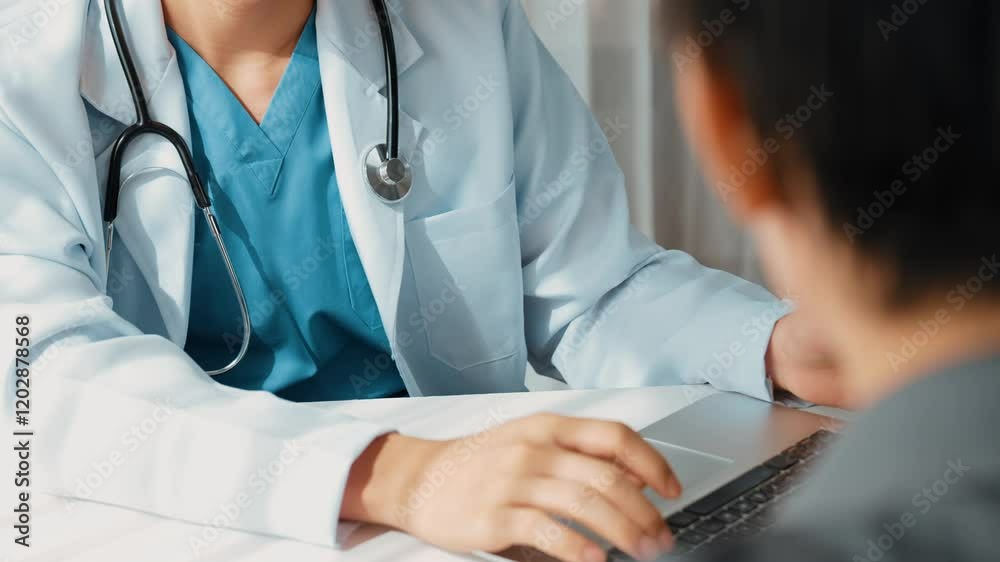 Doctor show laptop, display medical report or diagnostic result of patient health and curing way on doctor's appointment in hospital. Medical consultation and healthcare treatment. Slow motion. Rigid.