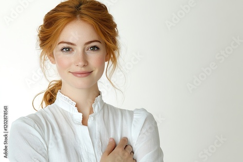 A smiling woman with red hair wearing a white blouse, exuding warmth and approachability.
