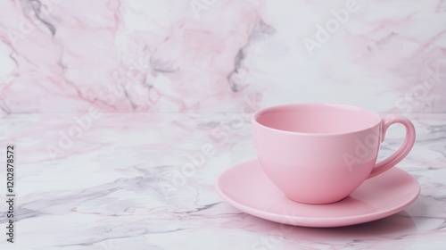 A pink cup and saucer are elegantly placed on a soft marble surface, creating a serene and aesthetic composition as mock-up.