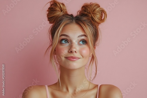A young woman with playful hairstyle and light makeup, looking thoughtfully against a pink backdrop.
