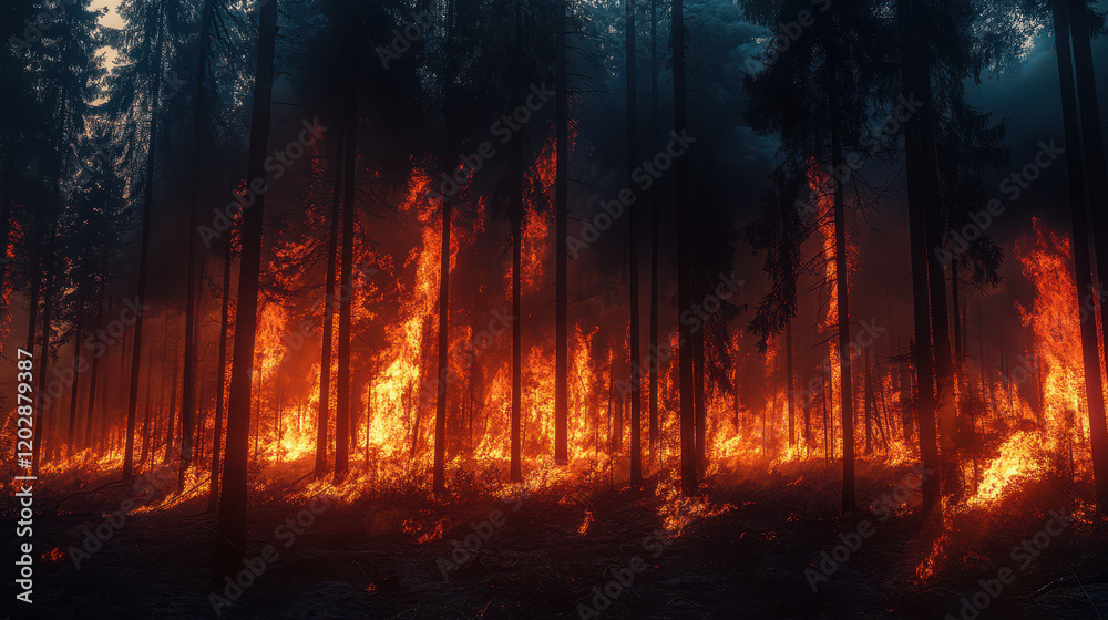A forest ablaze, tall trees burning in the night, cinematic photography, wide shot, shallow depth of field