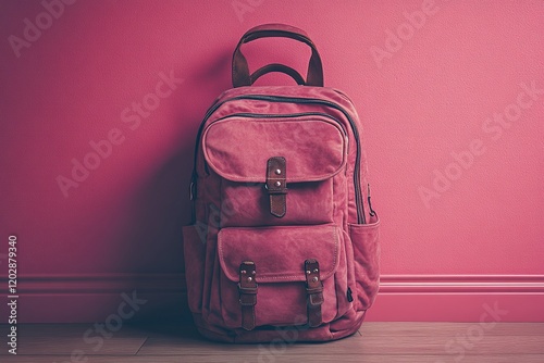 A pink backpack rests against a matching wall, showcasing a stylish and functional design.
