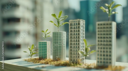 Miniature urban buildings with greenery and plant growth representing sustainable architecture and eco-friendly city development