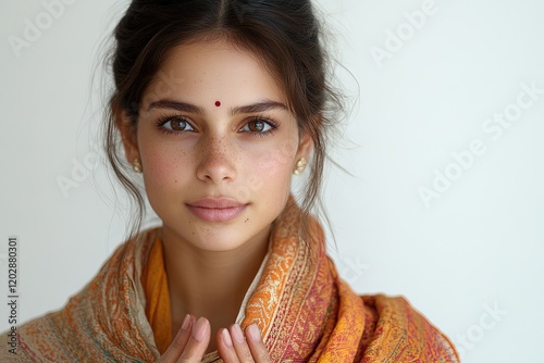 A young woman with a serene expression, wearing a colorful shawl and a bindi.