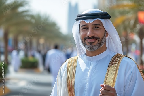 A smiling man in traditional attire stands outdoors, surrounded by palm trees and city buildings.