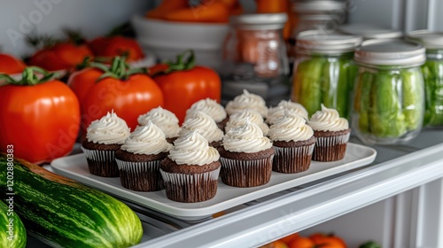A vibrant assortment of fresh produce alongside delicious cupcakes displayed on a shelf, showcasing a mix of healthy and indulgent treats.