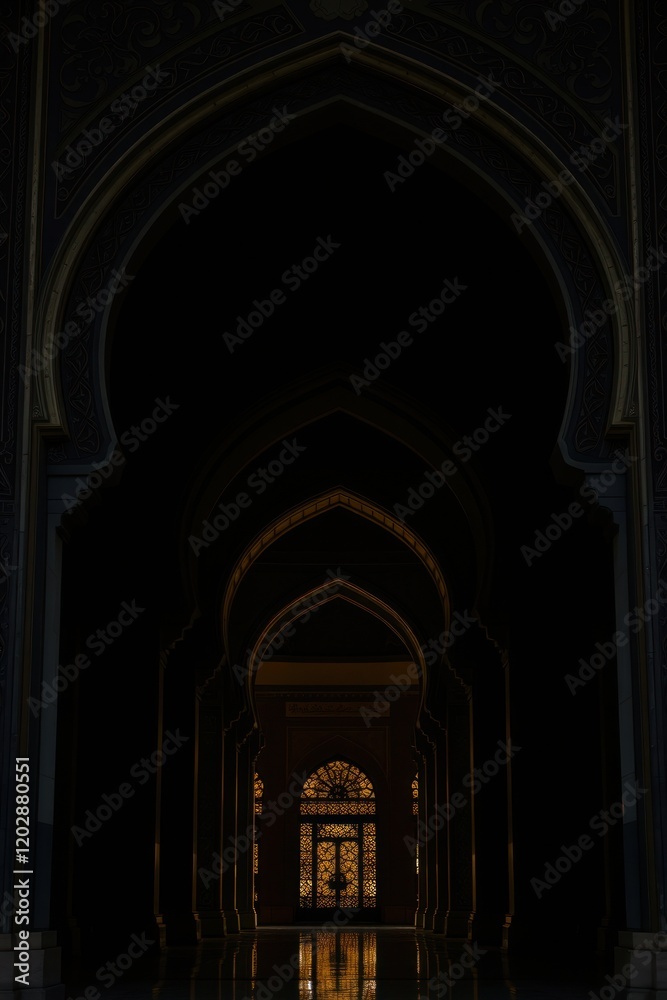 Naklejka premium High definition photograph of a jet black Islamic archway at night. The focus is on intricate detail and deep shadows, with dark gold accents adding subtle
