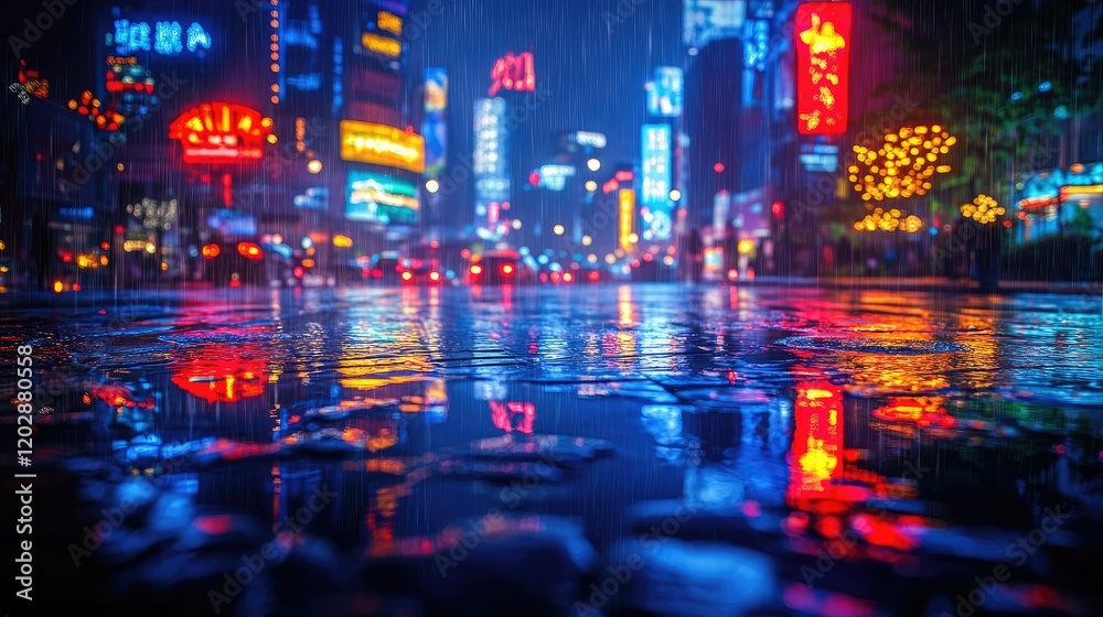 Naklejka premium A vibrant city scene at night, reflecting colorful lights on a rain-soaked street.