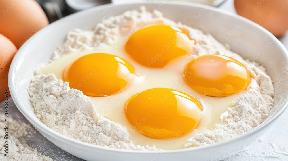 A bowl filled with flour and four egg yolks, ready for baking or cooking, showcasing fresh ingredients. A bowl filled with flour and four egg yolks, ready for baking or cooking, showcasing fresh ingredients.